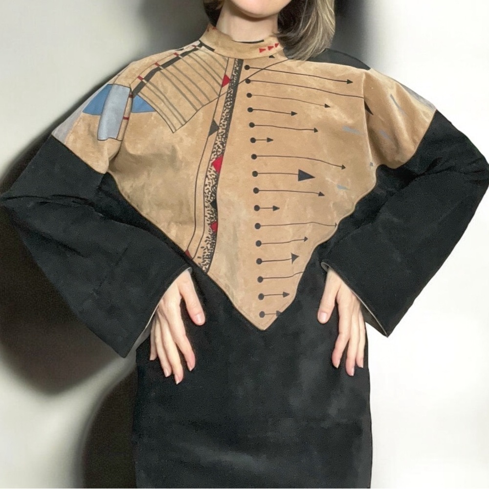 Vintage 80s Genuine Suede Colorblock Tribal Sheath Dress Small Western Boho
